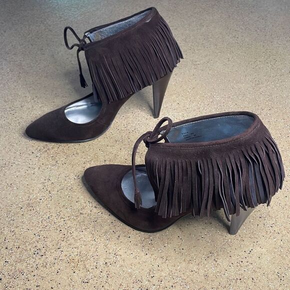 Calvin Klein Pixy Suede Fringe Cuffed Heels 8 Brown - Picture 1 of 9